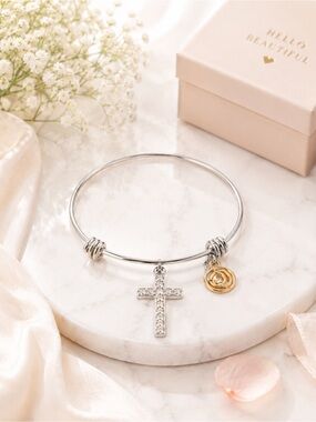 LOVE THIS LIFE Faith Cross Expandable Bangle Bracelet Crystal Stainless Steel OS